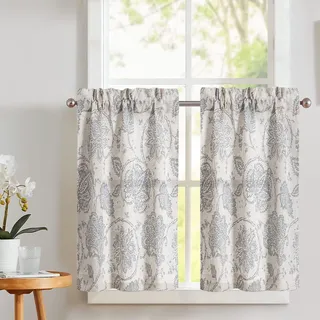 TOPICK Scheibengardine Leinen Vorhang Blumen Bedruckt Bistrogardine Halb Transparent Gardine Schals Scheibengardinen Fensterschal für Küche Wohnzimmer Landhaus 2er-Set 65B x 60H (cm) Grau auf Beige