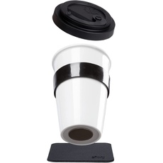 Bild Silwy Porzellan TO-GO-CUP inkl. schwarzer Hitzeschutzbanderole, metallischen Nano-Gel-Untersetzer BLACK - rutschfeste Magnetbecher für Camping, Caravaning oder Boating
