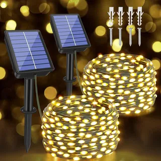 Ollny Solar Lichterkette aussen, 2x10M 100 LED lichterkette außen solar, 8 Modi IP67 wasserdicht Lichterkette outdoor für Garten Balkon Terrasse Baum Hof Party (Warmweiß)