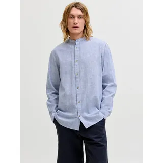 Langarmhemd JACK & JONES "JJESUMMER LINEN BLEND BAND SHIRT L/S SN", Herren, Gr. M, N-Gr, infinity stripes:stripes, Web, Obermaterial: 70% Baumwolle, 30% Leinen, gestreift, regular fit normal, 1-Knopf-Manschette, Hemden Langarmhemd, Baumwollmischung, regular fit