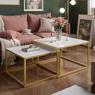 Couchtisch 2in1 YOSHI GLASS mit Glasplatte Gold Matt - Weiß, Gold