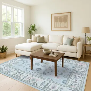 Fame Living Cremeblauer Oushak-Teppich, modern, Vintage, türkisch, eklektisch, floral, Pastellfarben, waschbar, große Flächenteppiche für Wohnzimmer, Esszimmer, Schlafzimmer, Mädchen, Jungen, 200 x