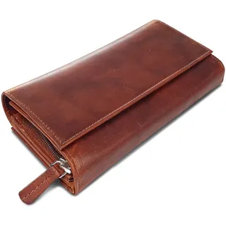 ROYALZ 'Orelia' Vintage Leder Geldbörse für Damen Portemonnaie groß mit vielen Fächern RFID-Blocker Brieftasche Querformat, Farbe:Roma Cognac Braun