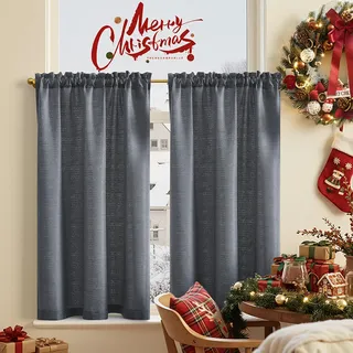TOPICK Scheibengardine Leinenoptik Bistrogardine 2er Set 90Hx90B cm Uni Kurzer Küche Vorhänge Gewebe Gitter Lichtdurchlässig Paarig Schals für Wohnzimmer Landhaus Kleine Fenster Grau