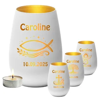 Personalisiertes Teelicht mit Gravur Name & Datum - Windlicht aus Glas zur Taufe, Kommunion, Konfirmation - Geschenk für Firmung Mädchen & Jungen - Teelichthalter Weiß-Gold