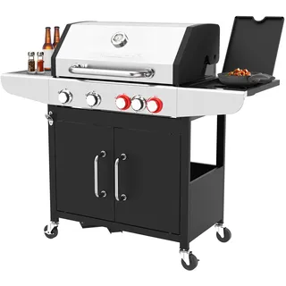 ProfiCook Gasgrill bis zu 450°C | Grillroste aus Gusseisen | inkl. Gasdruckminderer und Schlauch | 4 Brenner | Side-Burner | Gas Grill | PC GG 1312 - Schwarz, Silber