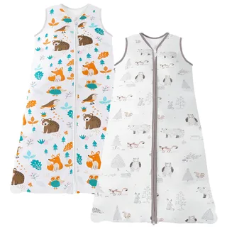 Chilsuessy Sommerschlafsack 2er Baby Schlafsack Kleine Kinder Schlafanzug ohne Ärmel für Sommer und Frühling 100% Baumwolle, Grau Wald+Dschungeltiere, 90/Baby Höhe 90-105cm