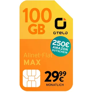 Otelo Max | Double Data 100 GB statt 50 GB | Schnelles 5G-Netz von Vodafone | Telefon & SMS Flat | EU-Roaming | Erhalte 250 € Amazon-Gutschein