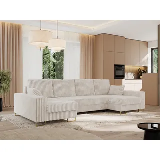 MKS MEBLE Ecksofa U mit Schlaffunktion und Bettkasten, Wohnlandschaft U-form - DORIAN U - Beige Cord - Beige