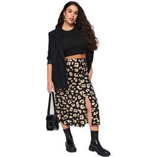 TRENDYOL Damen Midi A-Linie Schlitz Webstoff Größen in Rock Skirt, Schwarz, 48