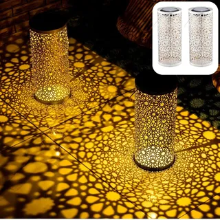 Marrakesch 2er Set Solarlaterne für außen mit Henkel aus Metall 30cm Groß | Orientalische Outdoor Solar LED Laterne Noum Weiss IP65 Wasserdicht als Gartendeko Deko - Weiß, Gold