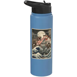 Cat vs T-Rex Japanische Great Wave Japan Manga Art Stainless Steel Insulated Water Bottle