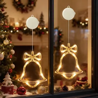 2 Stücke LED Glocken Lichterkette Fensterlicht mit Saugnapf Für Party Weihnachten Hängende Fenster Deko - Weiß