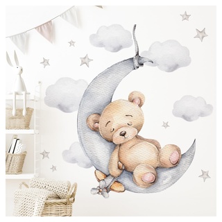 Little Deco Wandtattoo Bär auf dem Mond Wandsticker für Kinderzimmer Teddybär mit Sterne Babyzimmer Deko DL831-2