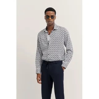 Langarmhemd BUGATTI, Herren, Gr. L, Normalgrößen, blau (390, marine), 100% Baumwolle, gemustert, normal, eckige 2-Knopf-Manschette, Hemden Langarmhemd, mit hochwertigem Satin-Finish