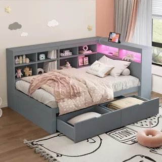 Ball & Cast Schlafsofa (90 * 200cm) Kinderbett mit Vielen Staufächern und Schublade, mit USB-Anschlüssen und Licht Multifunktionales Schlafsofa aus Massivholz, Grau