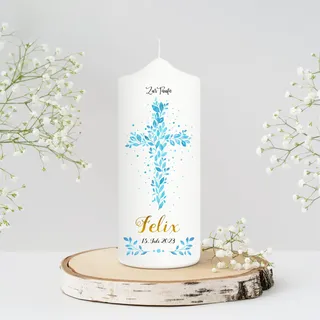 Wandtattoo Loft Taufkerze Junge personalisierte Patenkerze, Motiv blaues Kreuz aus Blättern, 18cm x 7cm, personalisierte Kerze, bedruckte Kerze Taufe, Stumpenkerze, Taufgeschenk