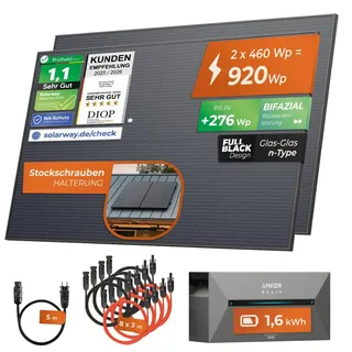 Solarway®️ 920Wp / 800W Balkonkraftwerk mit 1,6 kWh Speicher komplett Steckdose - 1,6 kWh Anker SOLIX 2 PRO Speicher