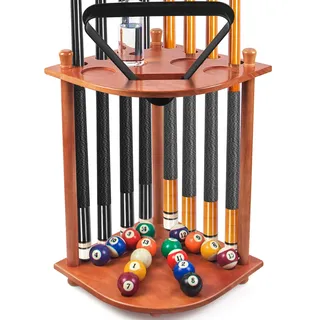 AKLOT Pool Queue Halter, Pool Queue Rack Billard Queue Racks mit Pool Stick Halter Getränkehalter 16 Kugelhalter hält 8 Sticks und komplettes Set Poolkugeln
