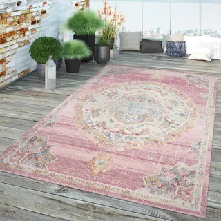 TT Home In-& Outdoor Teppich Küche Wohnzimmer Wetterfest Balkon Vintage Design Abstrakt Größe 60x100 cm - Rosa