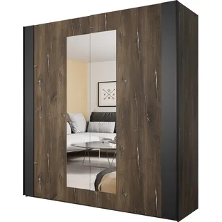 Furniture24 Kleiderschrank Sigma 18 Scwebetürenschrank mit 2 Einlegeboden 2 Kleiderstangen und Spiegel 2 Schubetüren Flagstaff Eiche/Silberfaden/Schwarz Supermatt, 200 cm breit - Schwarz
