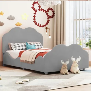 Flieks Kinderbett 90x200cm mit Lattenrost, Polsterbett Jugendbett mit wolkenförmigem Kopf- und Fußteil, Einzelbett Holzbett Bodenbett, Samt, Grau - Grau