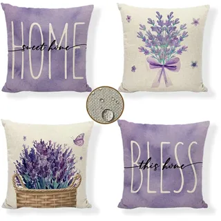 Kissenbezüge 50x50 cm 4er Set Lavendel Outdoor Kissen Lila Sofakissen Dekokissen Kopfkissen Wasserfest Linen Zierkissen Quadratische Kissenhülle für Gartenmöbel Sofa Bett Auto Terrasse Schlafzimmer