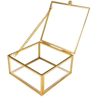 Glas Schmuck Box, Schmuckkästchen Glas, Goldene Vintage Glasbox, Glass Jewelry Box mit Deckel, Transparente, für Trinkets Ohrringe Ringe, für Muttertag und Hochzeite, Geburtstag (10 x 10 x 5cm)