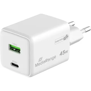 MediaRange 45W GaN Schnellladeadapter (EU-Stecker), 1x USB-C und 1x USB-A, unterstützt USB-C® Power Delivery und Quick ChargeTM, Weiß
