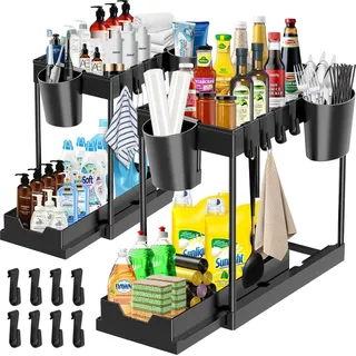 Set aus 2 Regalen unter der Spüle, Küchenorganizer auf 2 Ebenen mit 8 Haken, 4 hängenden Tassen, Küchenschrankorganizer, Unterbauorganizer, Gewürzregal, Spülenorganizer für Badezimmer, Küchen