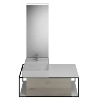 burgbad Junit Set Keramik-Waschtisch inklusive Waschtischunterschrank, Version rechts, inklusive Leuchtspiegel SFLF120, Breite: 1200mm, SFLF120RF3151G0175, Farbe: Eiche Dekor Flanelle / Eiche Dekor