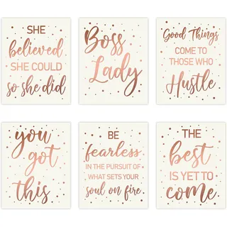 Haooryx 6 Stück Boss Lady Wall Art Rose Gold inspirierendes Zitat Karton Kunstdruck-Set Büro Dekor Set Minimalistische Mädchen Kunstdruck-Poster für Mädchen Frauen Schlafzimmer Schlafzimmer Studie