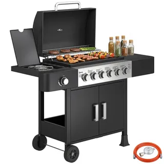 Outsunny Gasgrill 17,8 KW 6+1 Brenner BBQ Grillwagen Edelstahl Rolle | Seitenbrenner, Thermometer, Emaille-Grillrost, Warmhalterost, Seitentisch, Unterschrank, Gas-Grill für Balkon BBQ Party