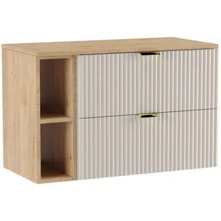 WENA Waschtischunterschrank 100 cm, geriffelte Fronten, Griffe aus Metall in der Farbe Gold (Farbe: Kaschmir, Eiche Regal und Holzplatte) - Beige