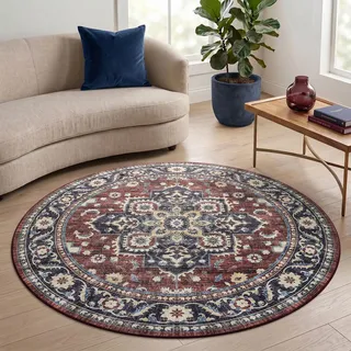 Homaxy Vintage Teppich Wohnzimmer Waschbarer 120 cm Rund, Retro Rot/Beige | Kurzflor Rutschfest Klein Teppiche Boho Weich Carpet für Schlafzimmer, Kinderzimmer, Küche