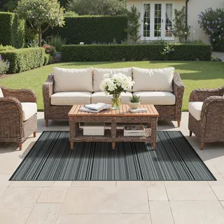 GENIMO,Outdoor Teppich Wetterfest Gestreift Minimalistisch Balkonteppich Garten Terrasse Kunststoff UV-beständig Wasserdicht Modern für Camping Wohnzimmer 120x180CM,Schwarz und Grau