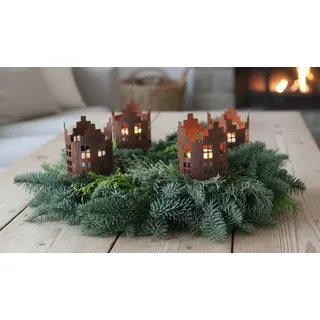 LB H&F 4er Set Adventskranzstecker HÄUSER Deko Kerzenhalter Advent Rost Metall Weihnachten KERZENSTECKER Haus Kerzenpicks zum selber dekorieren -