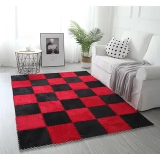 16-teilige Schutz-Plüschmatte, ineinandergreifende Teppichfliesen, Puzzle-Teppich for Wohnzimmer-Schlafzimmer-Dekoration(Black-Red)
