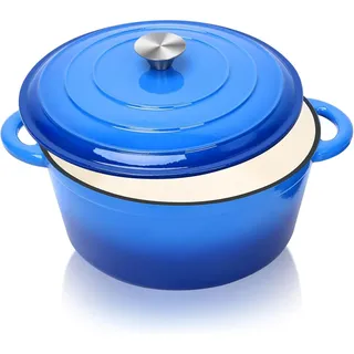 Ø28cm Emaille Gusseisen Schmortopf mit Deckel,Dutch Oven für Zuhause, Küche, Gusseisen Bräter für alle Herdarten und Induktion geeignet zum Kochen, Backen, Kühlen und Servieren,Rund,Blau,5,7L