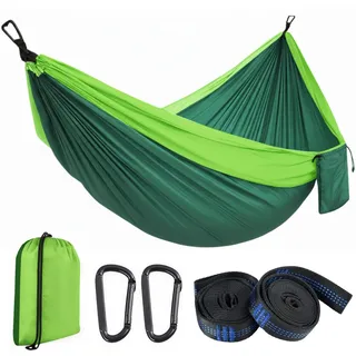 Camping Hängematte Outdoor, Ultraleichte Fallschirm Hängematte mit Karabinern und Baumgurten, Campingausrüstung für Kinder, 210T Nylon Reisebaum Hängematten für Garten Strand, 270 x 140 cm(Grün)