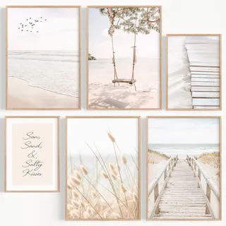 OHBIMBA® Sets Von 6 Poster & Kunstdrucke Zum Einrahmen - Bilder Wohnzimmer Wandbild - Boho Deko und Bild Schlafzimmer - Strand Wandbilder Wohnzimmer Größe 4X A3 + 2X A4 - Ohne Bilderrahmen