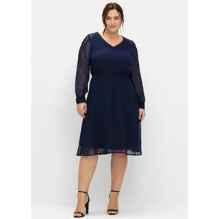 Cocktailkleid SHEEGO "Cocktailkleid", Damen, Gr. 46, Normalgrößen, blau (marine), 100% Polyester, unifarben, knielang, V-Ausschnitt, Kleider Cocktailkleid