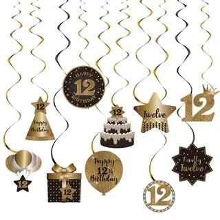 Party-Hängewirbel zum 12. Geburtstag, Deckendekoration, 12 Folien-Hängewirbel mit Ausschnitten für 12 Jahre, Schwarz und Gold, Geburtstagsparty-Dekorationen