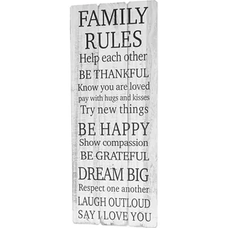 Wandschild Family Rules, Holzschild Dekoschild, Shabby-Look Vintage 76x31cm - Weiß