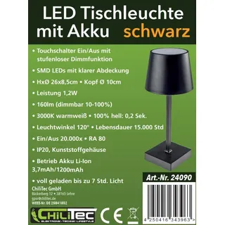 ChiliTec Tischleuchte Akku 26cm Dimmbar Led Tischlampe Licht Warmweiß aufladbar USB-C Touch Schalter kabellos Schwarz