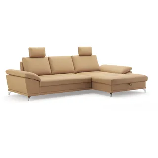 Cavadore Ecksofa Castiel mit Federkern / Eckcouch mit XL-Longchair, Bett, Bettkasten, Sitztiefenverstellung, Kopfstützen und mattschwarzen Metallfüßen / 301 x 89-114 x 176 / Echtleder, Beige