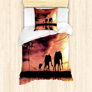 ABAKUHAUS Elefant Mantele, Safari Wild Animals, Milbensicher Allergiker geeignet mit Kissenbezügen, 135 cm x 200 cm - 80 x 80 cm, Dunkler Coral Seal Brown