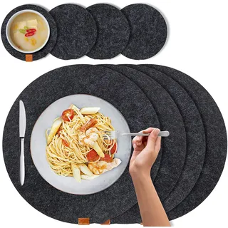 C100AE 8er Set Filz Tischset Abwaschbar Platzsets 4 Rund Platzdeckchen 34x34 cm, 4 Glasuntersetzer Filz rutschfest und Filzuntersetzer Hitzebeständig Dunkelgrau Anthrazit