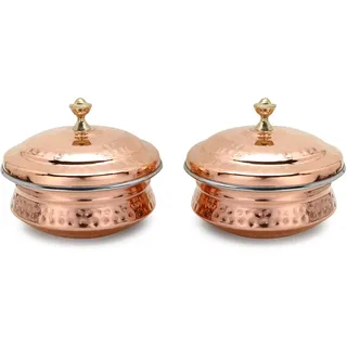 Zap Impex Handi Servierschalen – 2-teilig – Innenseite aus gehämmertem Kupfer & Edelstahl – 15 cm (450 ml) – Indische Servierschalen für Curry, Biryani & Beilagen