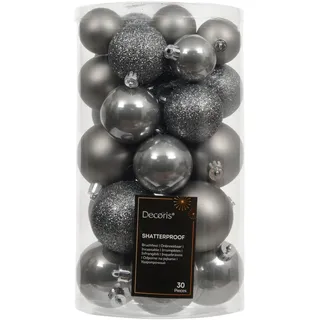 Weihnachtskugeln Kunststoff 4-6cm Mix 30 Stück - klassisch & bruchsicher - Christbaumkugeln Weihnachtsbaumkugeln für Weihnachten - matt glänzend & glitzernd gemischt - Zart Grau